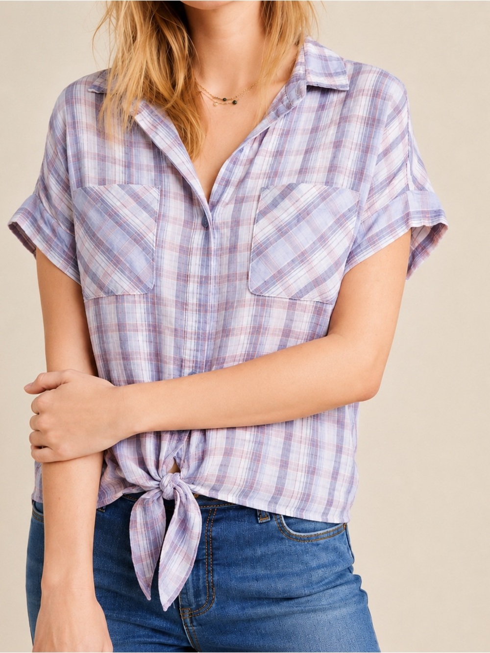 Anthropologie Cloth & Stone Liya Tie-Front Plaid Button-Up Blouse S